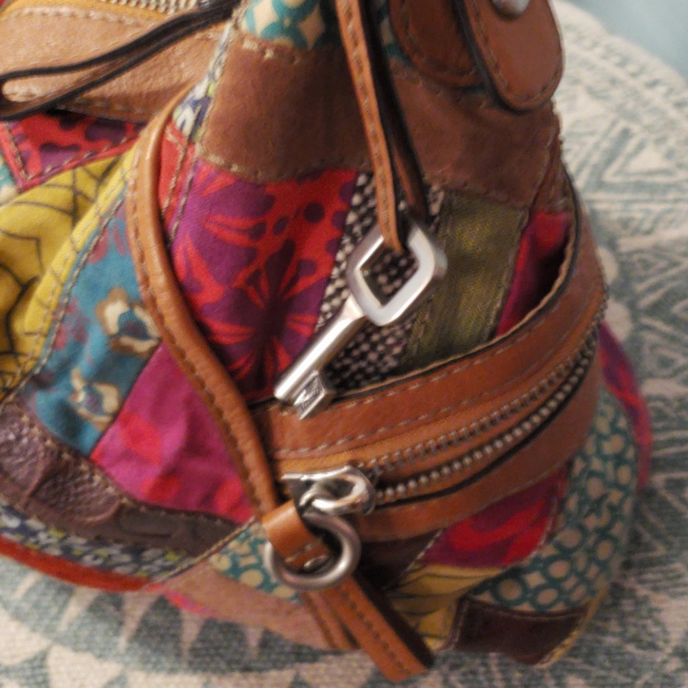 Vintage FOSSIL Lg.  leather canvas handbag - Picture 2 of 8
